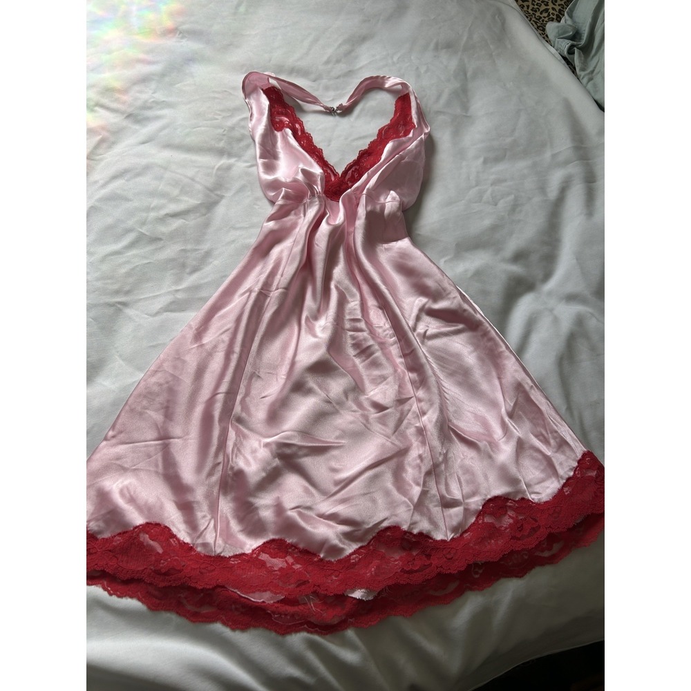 VTG Cinema Etoile Pink Satin Red Lace Trim Halter Slip Chemise Nightgown Sz M
